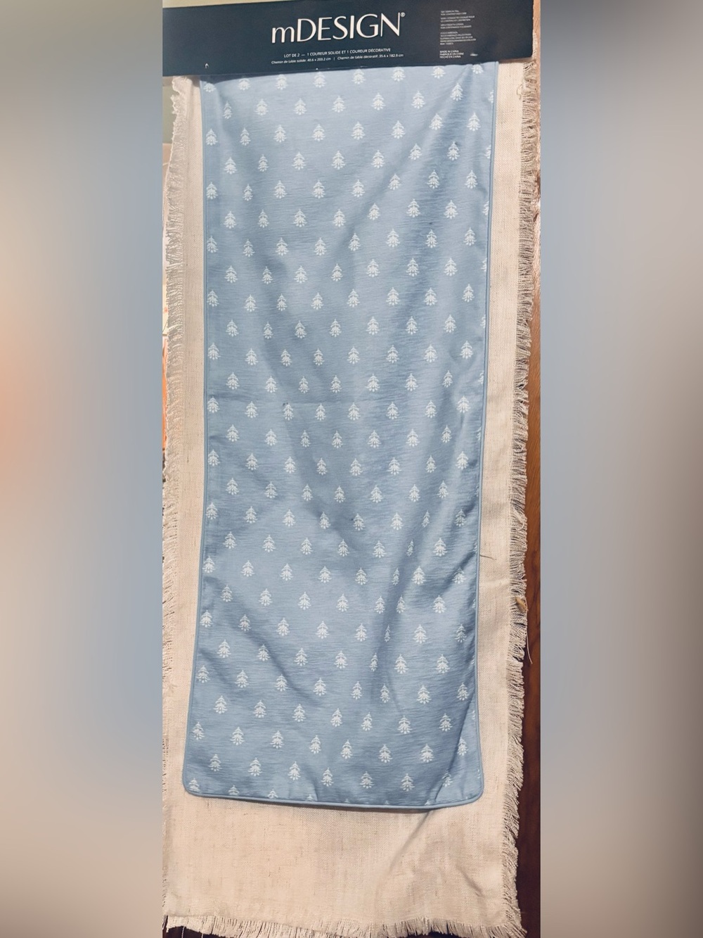 1 Light Blue Jacquard table Runner and 1 decorated runner